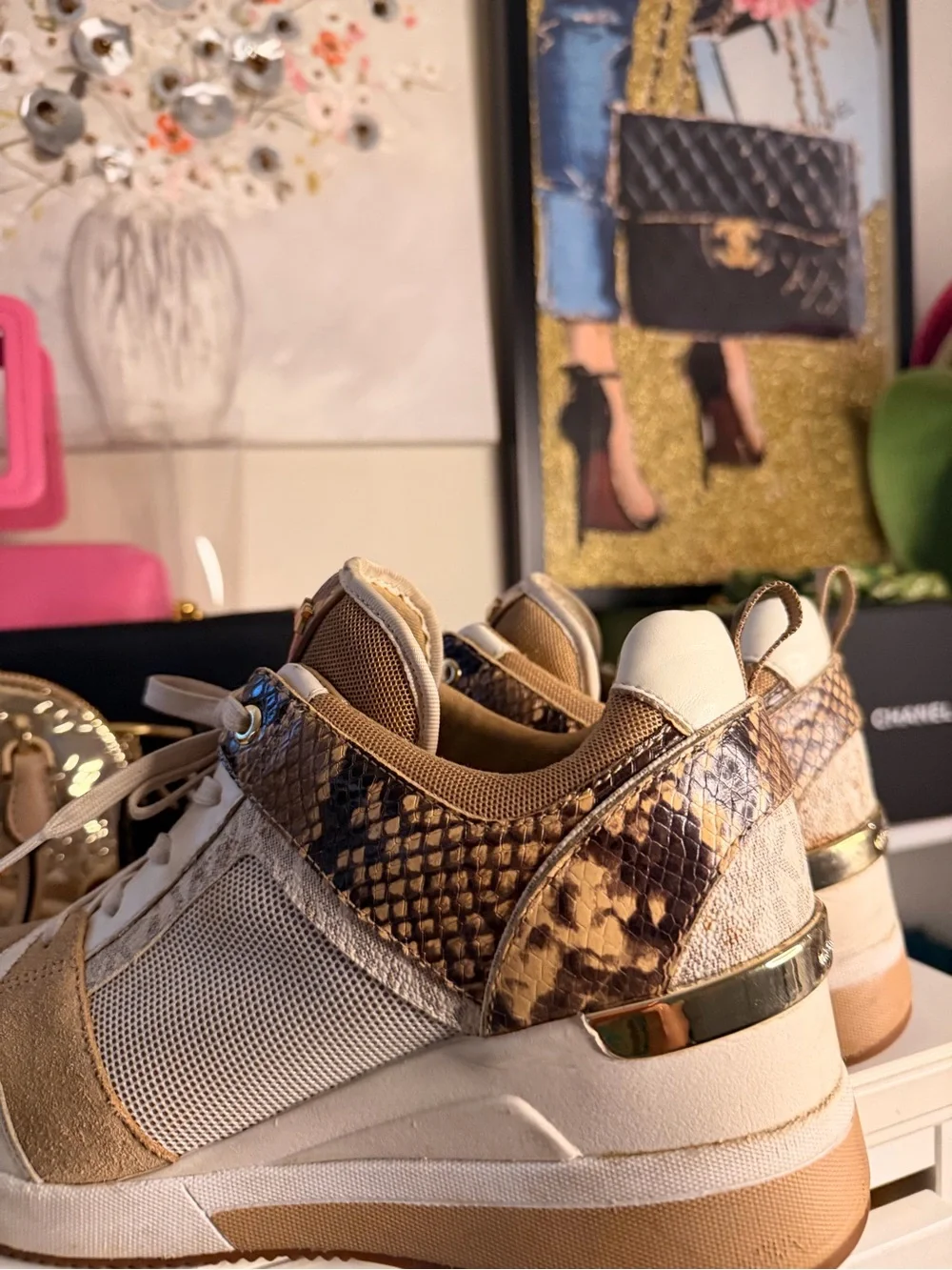 Michael Kors Beige and Snake-Print Platform Sneakers